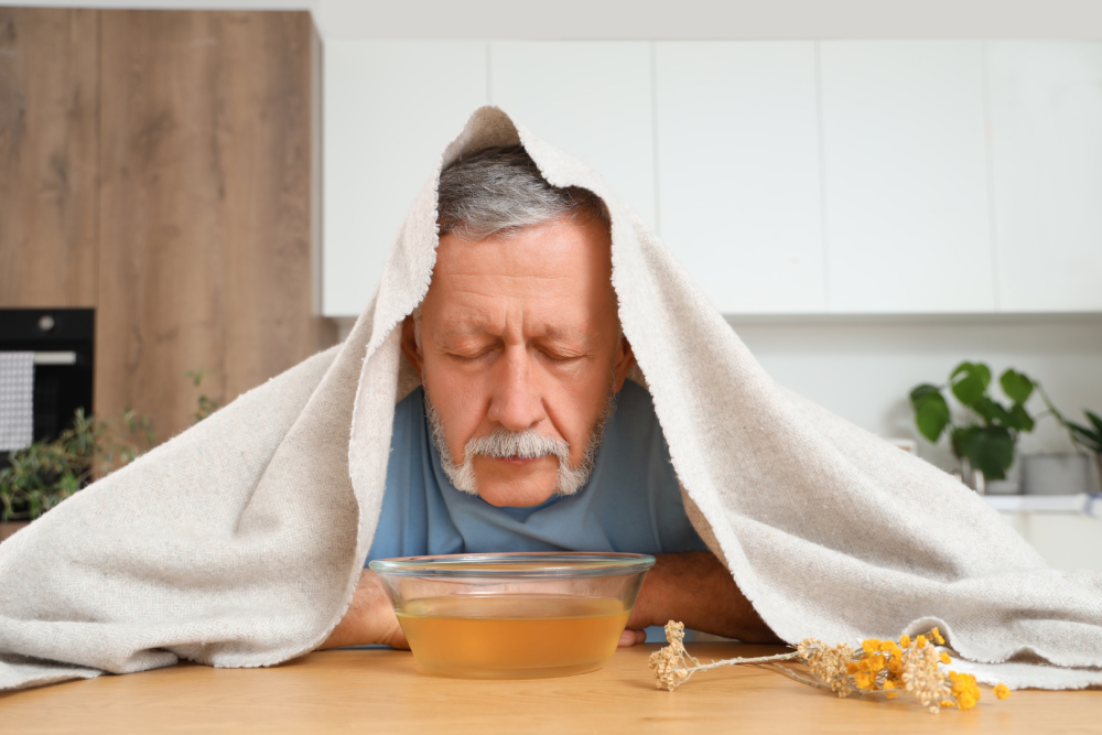 Osoba z ręcznikiem na głowie pochylona nad miską z naparem ziołowym, obok suszone kwiaty