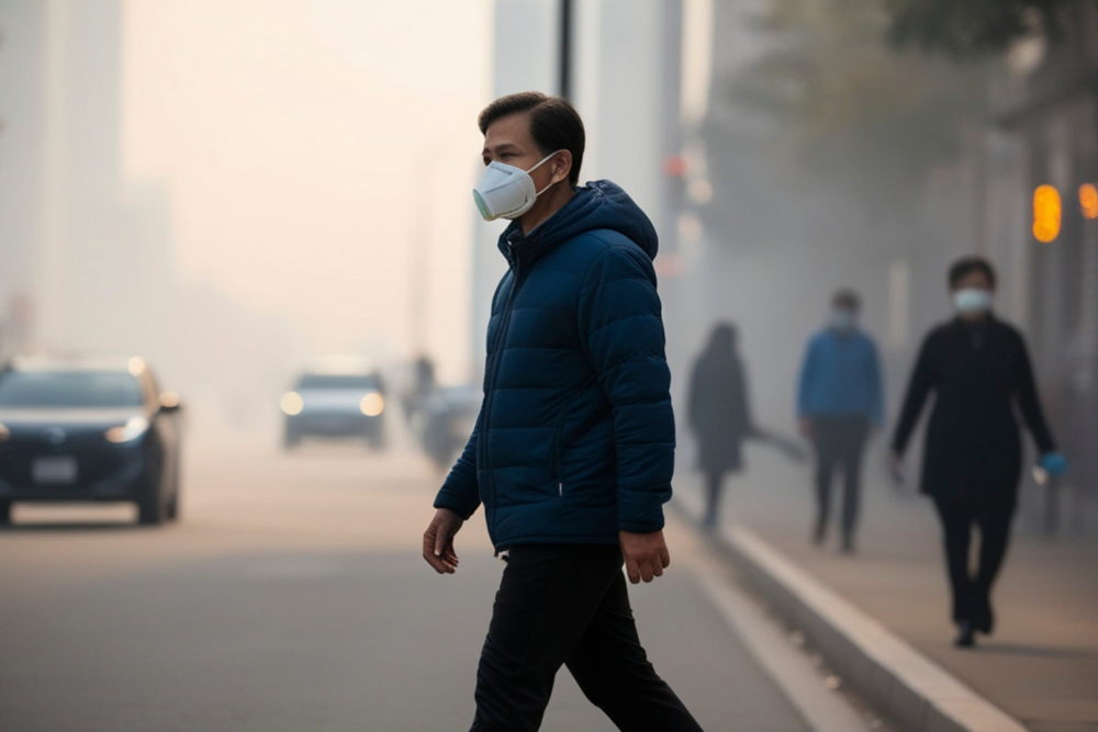 Ulica miejska z ruchem samochodowym i pieszymi w warunkach gęstego smogu, obniżona widoczność i zamglone powietrze