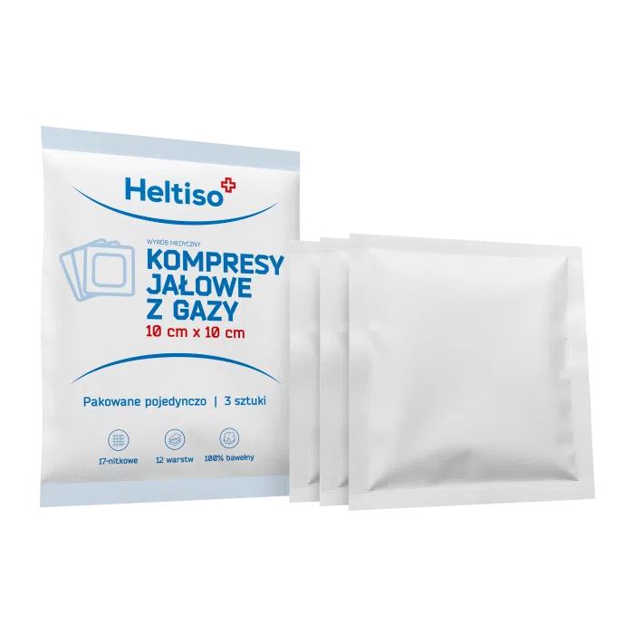 HELTISO kompresy jałowe z gazy bawełnianej 17 nitkowe 12 warstwowe 10 cm x 10 cm a” 3 szt.