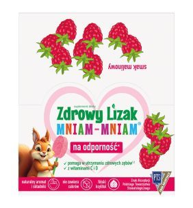Zdrowy Lizak MniamMniam, na ząbki kości i odporność z witaminą C i D, smak malinowy, lizaki, 40 szt.