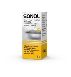 SONOL, (21 mg + 21 mg + 2 mg)/1 ml, płyn na skórę (Levomentholum + Acidum salicylicum + Thymolum), Dostępne są opakowania po 8 g.