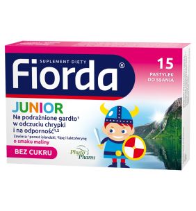 Fiorda Junior, pastylki do ssania o smaku malinowym, 15 szt.