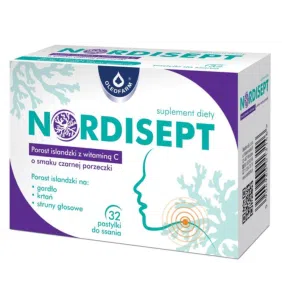 NORDISEPT, porost islandzki z witaminą C, pastylki do ssania, smak czarna porzeczka, 32 szt.