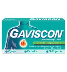 Gaviscon o smaku mięty TAB, 250 mg + 133,5 mg + 80 mg, tabletki do rozgryzania i żucia, 24 sztuki