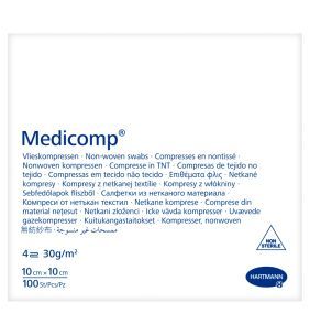 Medicomp, niejałowe kompresy z włókniny, 4-warstwowe, 10 cm x 10 cm, 100 szt.