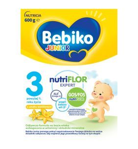 Bebiko Junior 3 NUTRIflor Expert, odżywcza formuła na bazie mleka o smaku waniliowym, powyżej 1. roku życia,  proszek, 600 g