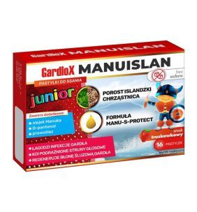 Gardlox Manuislan Junior, pastylki do ssania, smak truskawkowy, 16 szt.