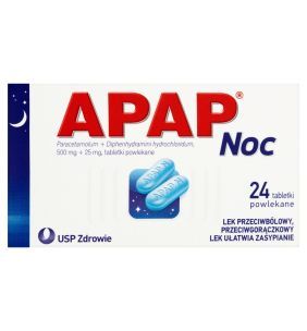 Apap Noc, 500 mg + 25 mg, tabletki powlekane, 24 szt.