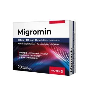 Migromin, 250 mg + 250 mg + 65 mg, tabl.powl., 20 szt