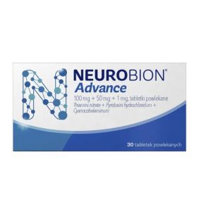 Neurobion Advance, 100 mg + 50 mg + 1 mg, tabletki powlekane, Blistry w pudełku tekturowym, dostarczane w opakowaniach po 30 tabletek.