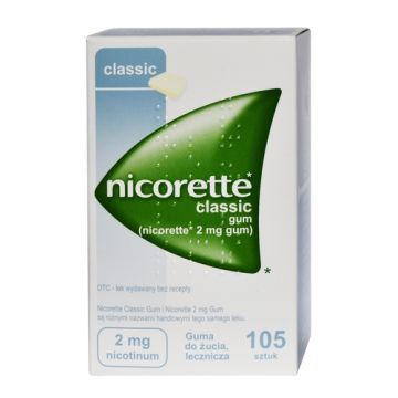 Nicorette Classic Gum, 2 mg, guma do żucia, 105 szt. (import równoległy, Delfarma)