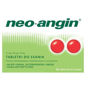 Neo-Angin, 1,2 mg+0,6 mg+5,9 mg, tabletki do ssania, 36 szt.
