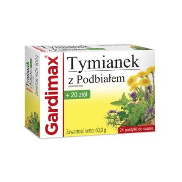 Gardimax Tymianek z Podbiałem + 20 ziół, pastylki do ssania, 24 szt.