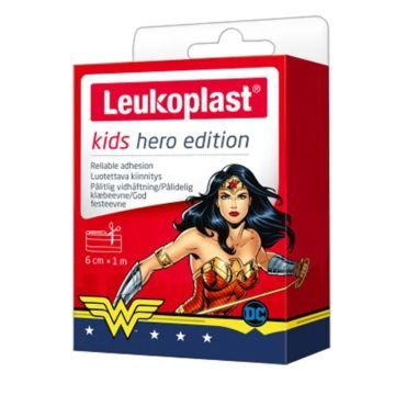 Leukoplast Kids Hero Edition (Wonder Woman), plaster z opatrunkiem, wymiary: 6 cm x 1 m, 1szt.