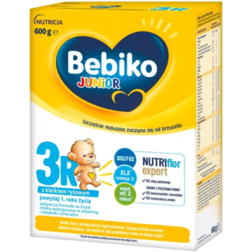 Bebiko Junior 3R NUTRIflor Expert, odżywcza formuła na bazie mleka z kleikiem ryżowym, powyżej 1. roku życia, proszek, 600 g