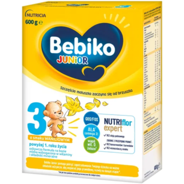 Bebiko Junior 3 NUTRIflor Expert, odżywcza formuła na bazie mleka o smaku waniliowym, powyżej 1. roku życia,  proszek, 600 g