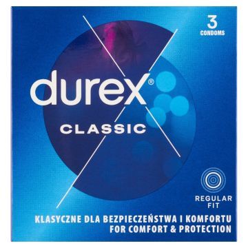Durex Classic, prezerwatywy ze środkiem nawilżającym, 3 szt.