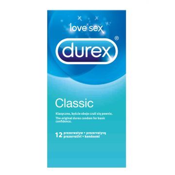 Durex Classic, prezerwatywy ze środkiem nawilżającym, 12 szt.