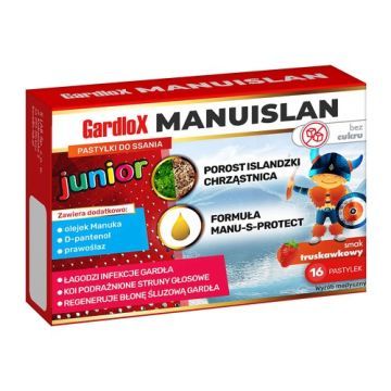 Gardlox Manuislan Junior, pastylki do ssania, smak truskawkowy, 16 szt.