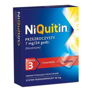 Niquitin przezroczysty, 7 mg/24 h, system transdermalny 36 mg, stopień 3, plastry, 7 szt.