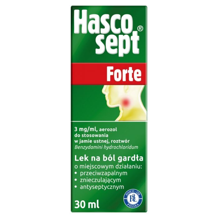 Hascosept Forte, 3 mg/ml, aerozol do stosowania w jamie ustnej, 30 ml main product photo