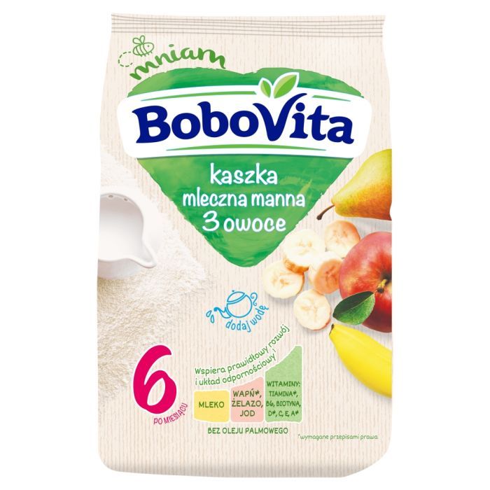 BoboVita, mleczna kaszka manna, 3 owoce, 6m+, 230 g main product photo