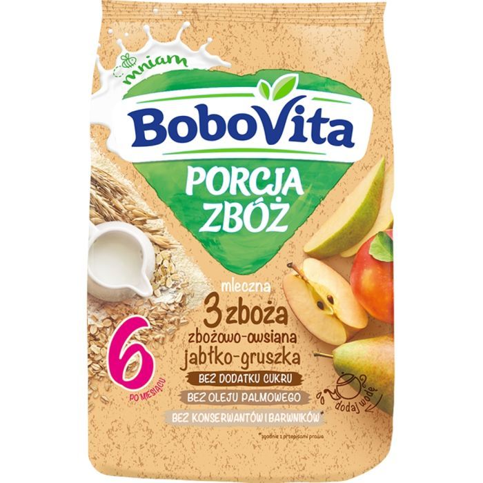 BoboVita Porcja Zbóż, kaszka mleczna 3 zboża, jabłko-gruszka, 6 m+, 210 g main product photo