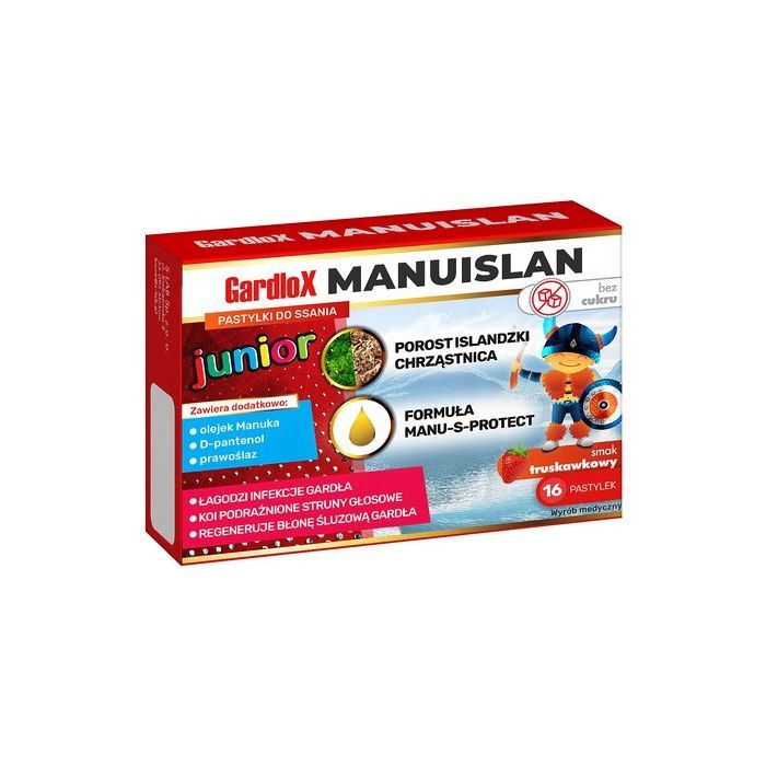 Gardlox Manuislan Junior, pastylki do ssania, smak truskawkowy, 16 szt.