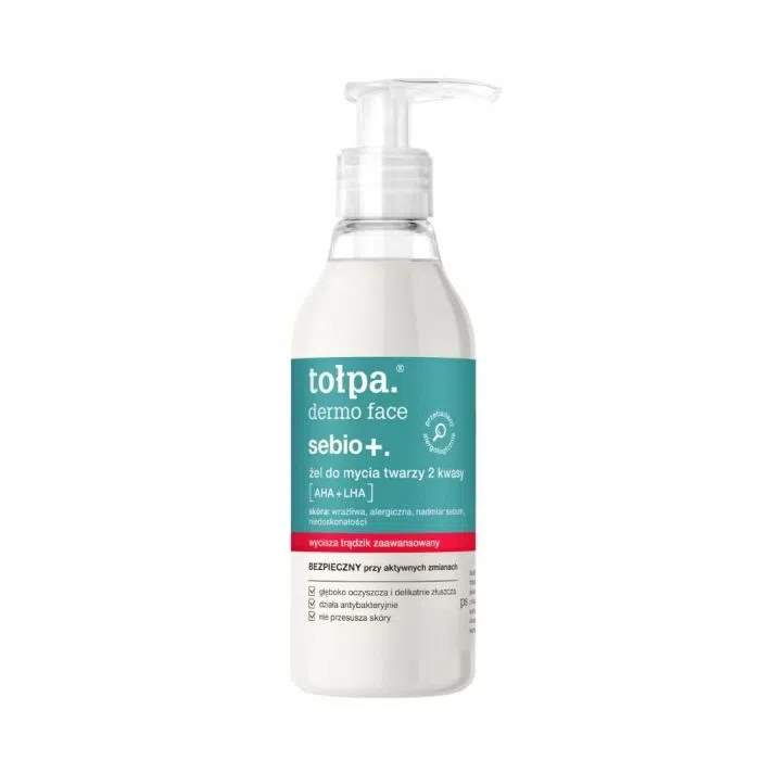Tołpa Dermo Face Sebio+, żel do mycia twarzy, kwasy AHA+LHA, 195 ml