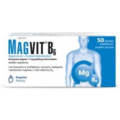 Magvit B6, 48 mg jonów magnezu + 5 mg pirydoksyny chlorowodorku, tabletki dojelitowe, 5o sztuk