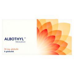 Albothyl, 90 mg, globulki, pudełko tekturowe zawiera 6 globulek w 1 blistrze oraz torebkę z polietylenowymi osłonkami na palec.