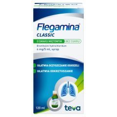 Flegamina Classic, 4 mg/5 ml, syrop o smaku miętowym bez cukru, 120 ml