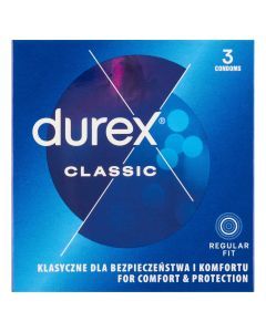 Durex Classic, prezerwatywy ze środkiem nawilżającym, 3 szt.