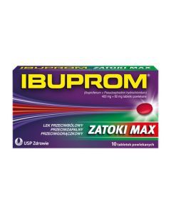 Ibuprom Zatoki Max, 400 mg + 60 mg, tabletki powlekane, 10 szt